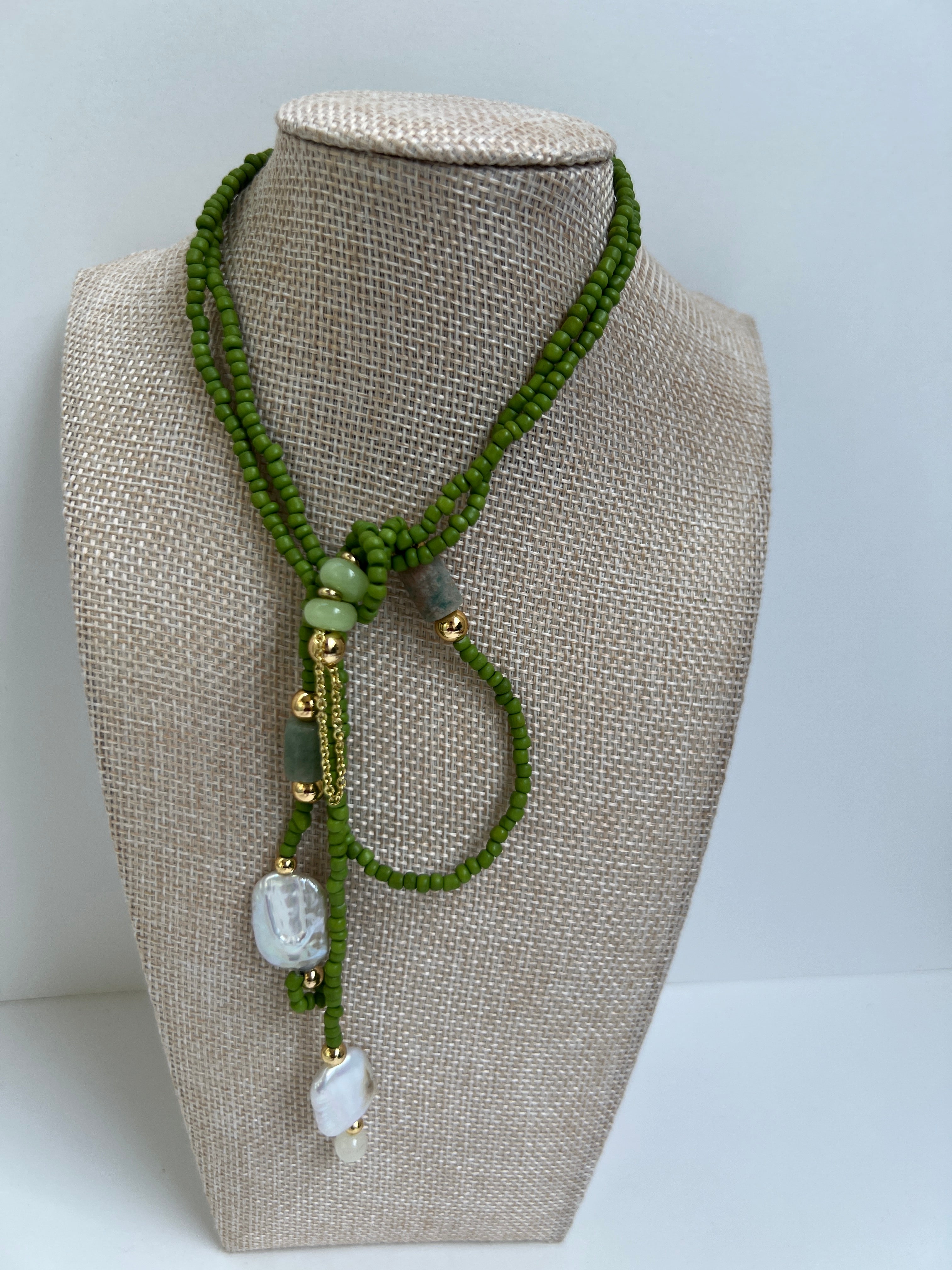 Tina Necklace Long Green Wrap with Mother of Pearl