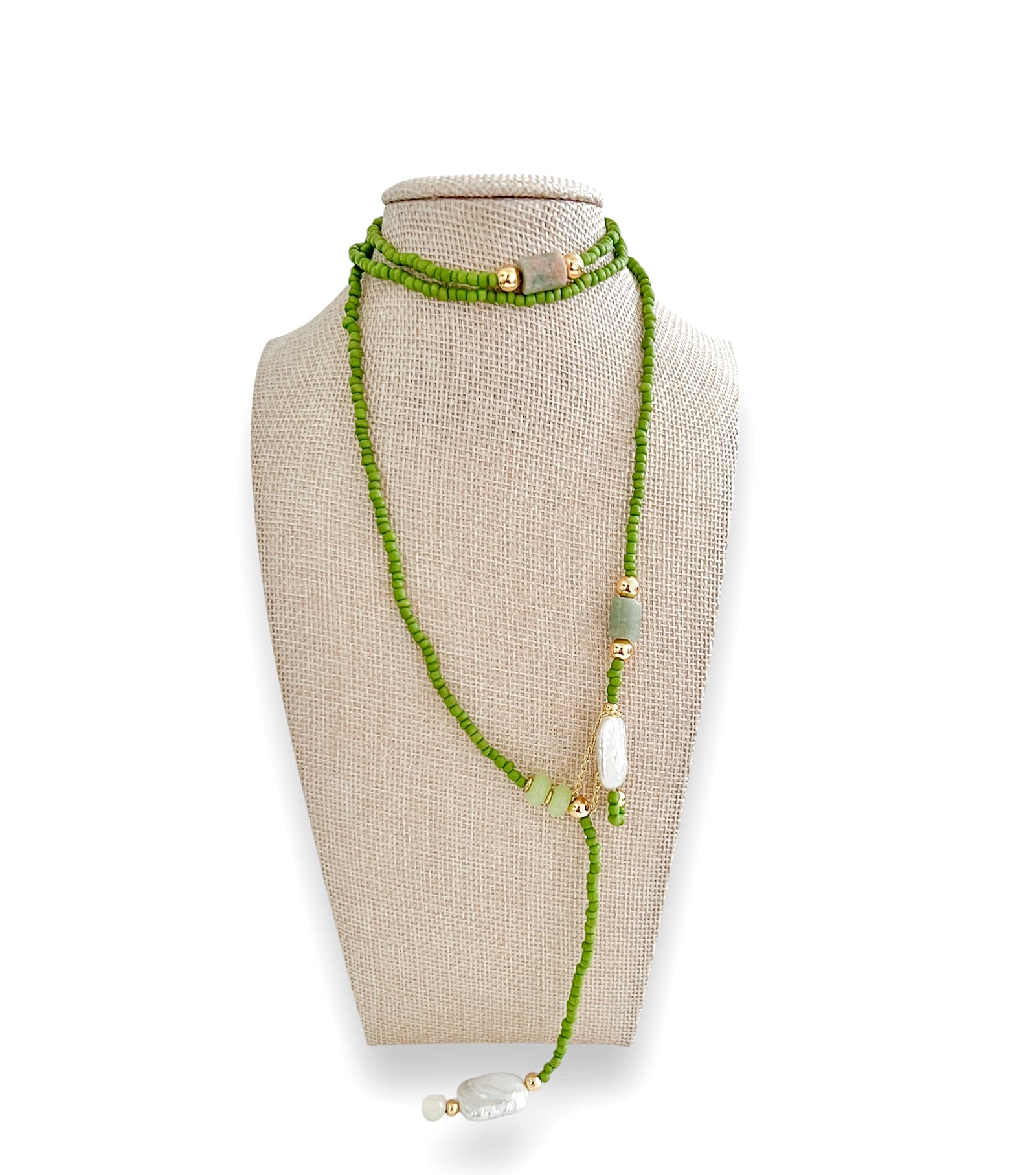 Tina Necklace Long Green Wrap with Mother of Pearl